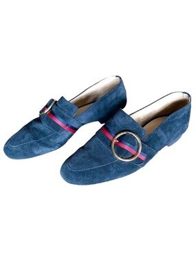 Paul Green Banner Loafers Navy Blue Suede Gold Buckle Size 7.5